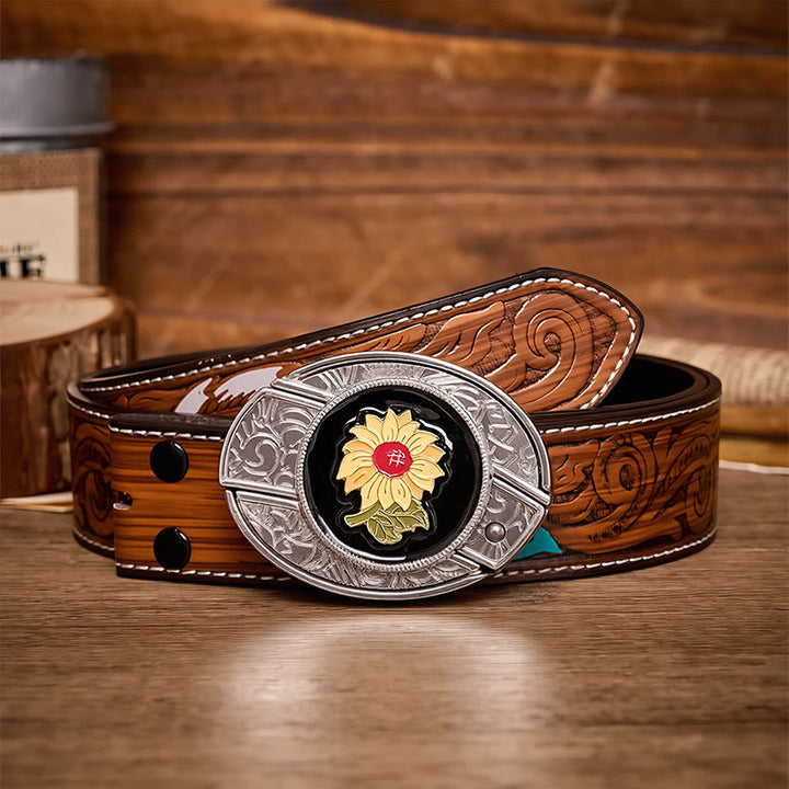 Ceinture en cuir avec boucle de couteau pliant caché Sunshine Sunflower à faire soi-même - Tournesol - Ceinture de plumes brunes - 40 - image 7