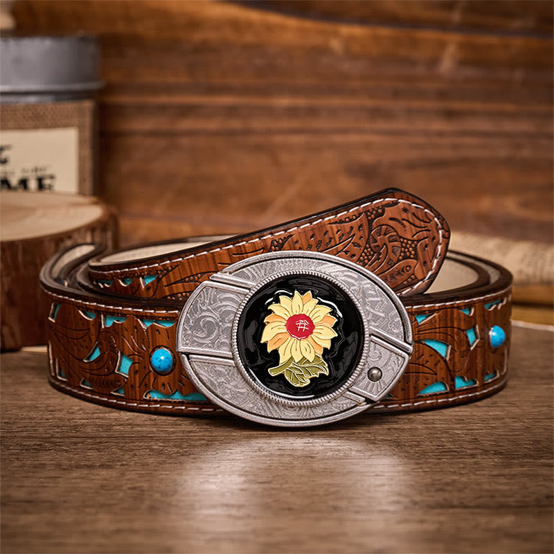 Ceinture en cuir avec boucle de couteau pliant caché Sunshine Sunflower à faire soi-même - Tournesol - Ceinture turquoise sculptée - 42 - image 3