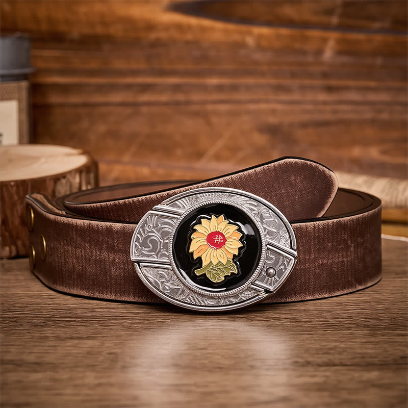 Ceinture en cuir avec boucle de couteau pliant caché Sunshine Sunflower à faire soi-même - Tournesol - Ceinture marron vieillie - 42 - image 5