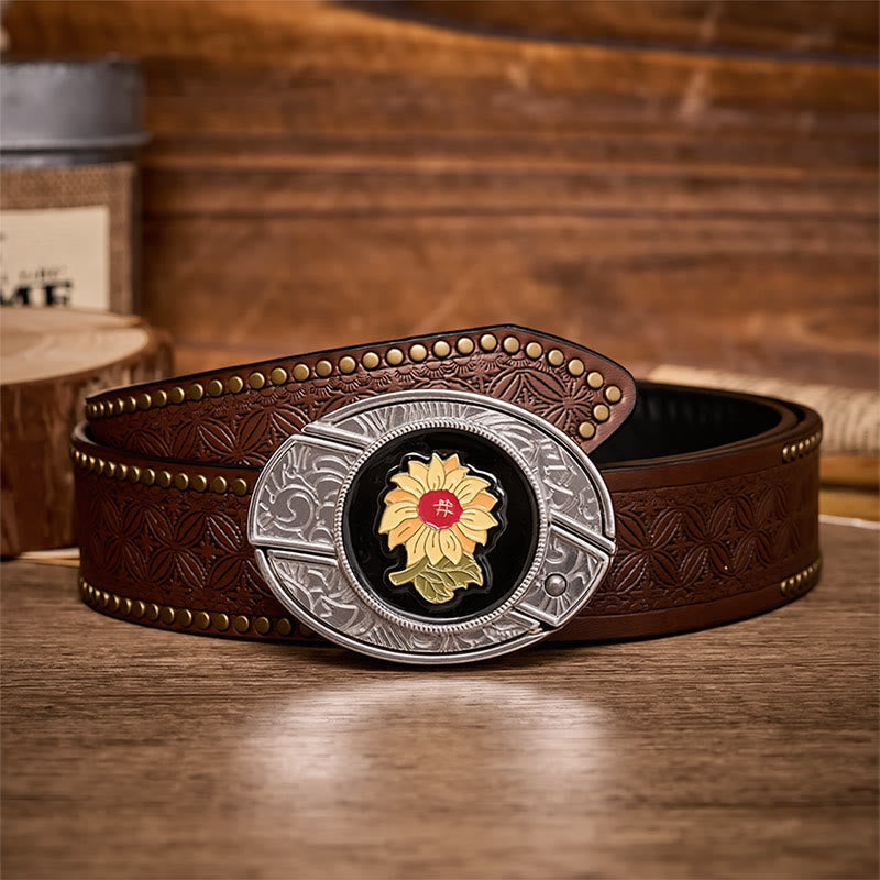 Ceinture en cuir avec boucle de couteau pliant caché Sunshine Sunflower à faire soi-même - Tournesol - Ceinture à rivets marron - 42 - image 4