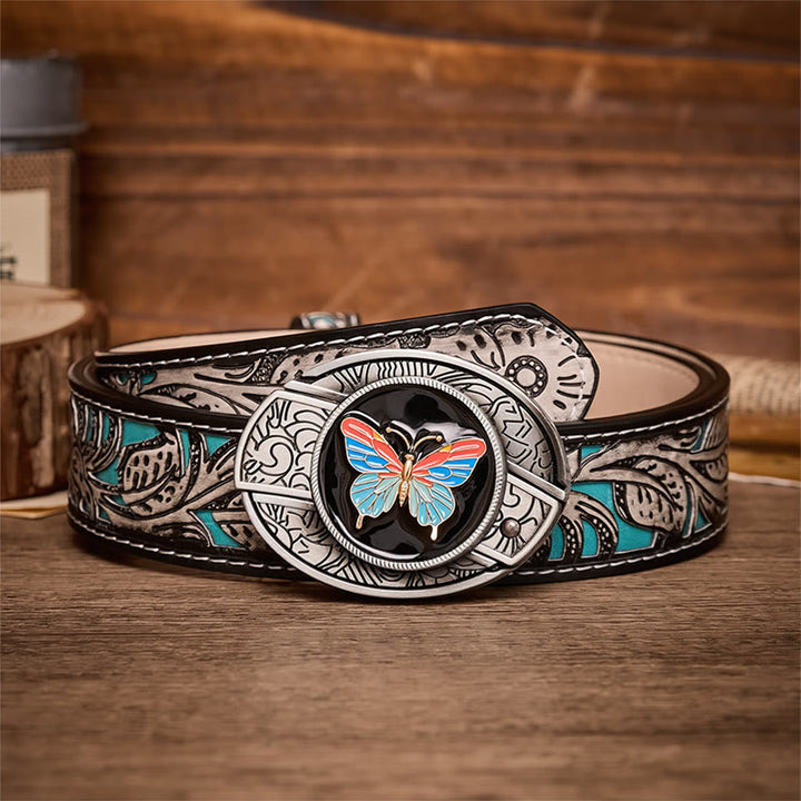 Boucle de couteau pliant caché papillon coloré à faire soi-même, ceinture en cuir - Papillon - Ceinture à fleurs grises - 42 - image 8