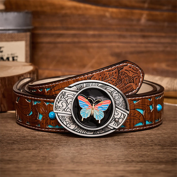 Boucle de couteau pliant caché papillon coloré à faire soi-même, ceinture en cuir - Papillon - Ceinture turquoise sculptée - 42 - image 3
