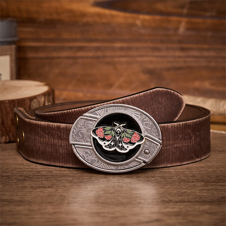 Ceinture en cuir avec boucle de couteau pliant dissimulé à motif gothique Rose Moth DIY - Noctuelle de la rose - Ceinture marron vieillie - 42 - image 5