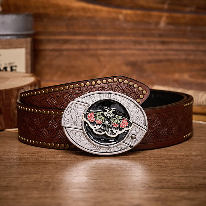 Ceinture en cuir avec boucle de couteau pliant dissimulé à motif gothique Rose Moth DIY - Noctuelle de la rose - Ceinture à rivets marron - 42 - image 4