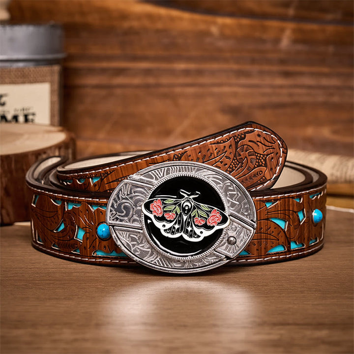 Ceinture en cuir avec boucle de couteau pliant dissimulé à motif gothique Rose Moth DIY - Noctuelle de la rose - Ceinture turquoise sculptée - 42 - image 3