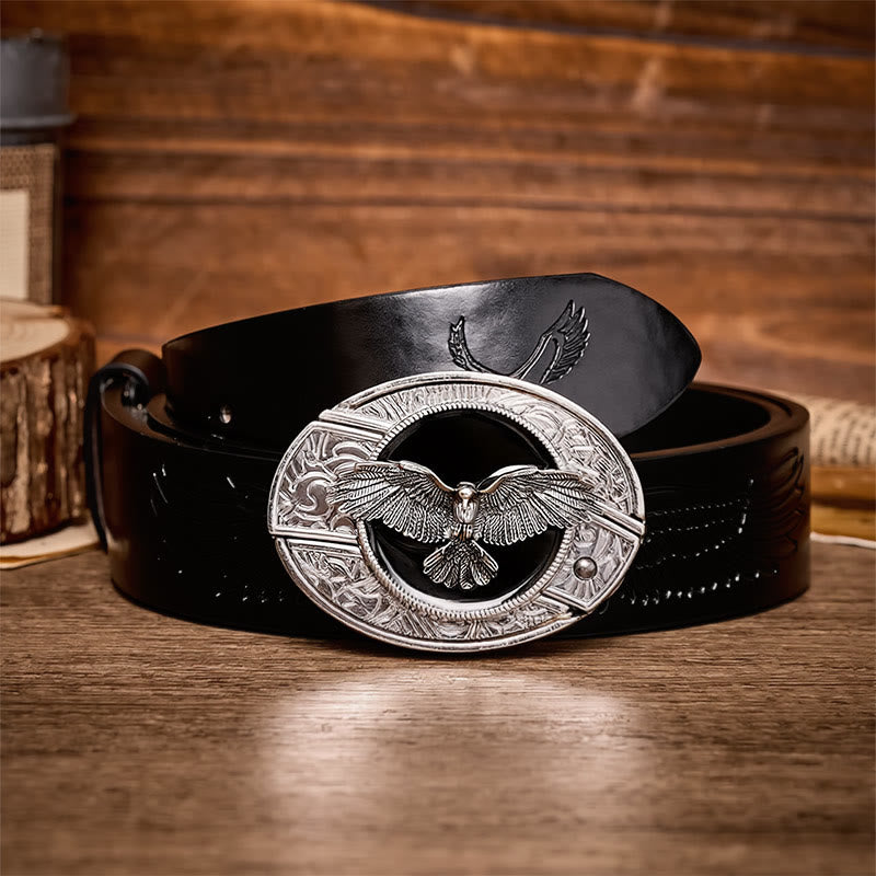 Ceinture en cuir avec boucle de couteau pliant dissimulé Black Freedom Eagle à faire soi-même - Aigle - Ceinture noire à motif aigle en relief - 42 - image 2