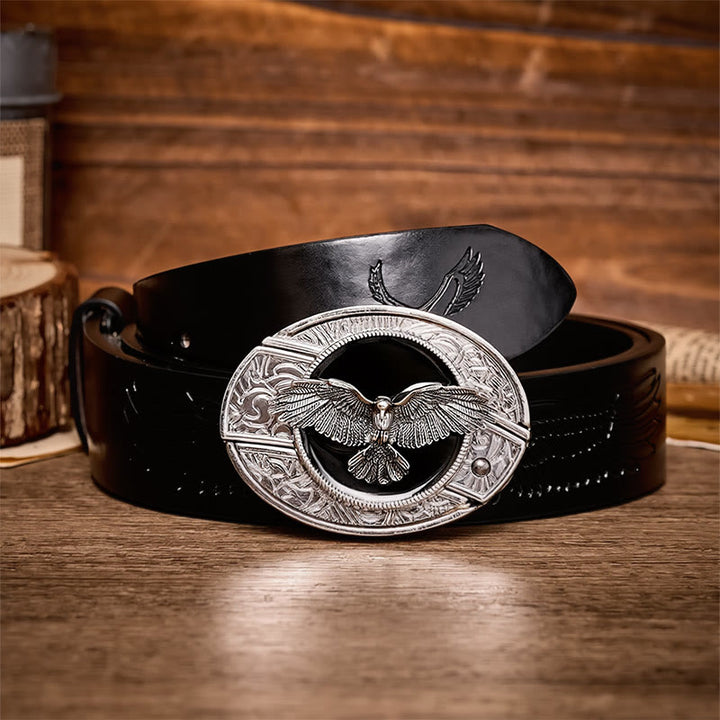Ceinture en cuir avec boucle de couteau pliant dissimulé Black Freedom Eagle à faire soi-même - Aigle - Ceinture noire à motif aigle en relief - 42 - image 2