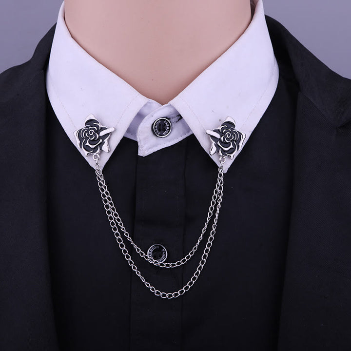 Broche gothique à chaîne en forme de rose et d'épine pour chemise - Noir et argent - image 0