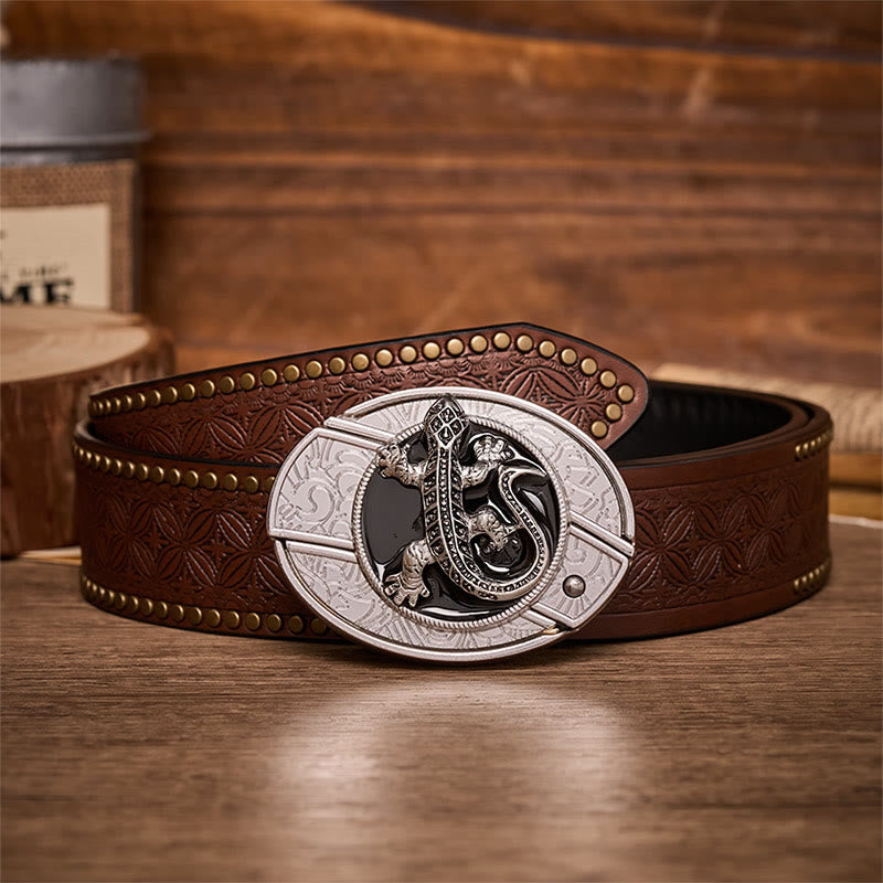 Ceinture en cuir avec boucle de couteau pliant caché Desert Lizard à faire soi-même - Lézard - Ceinture à rivets marron - 42 - image 4