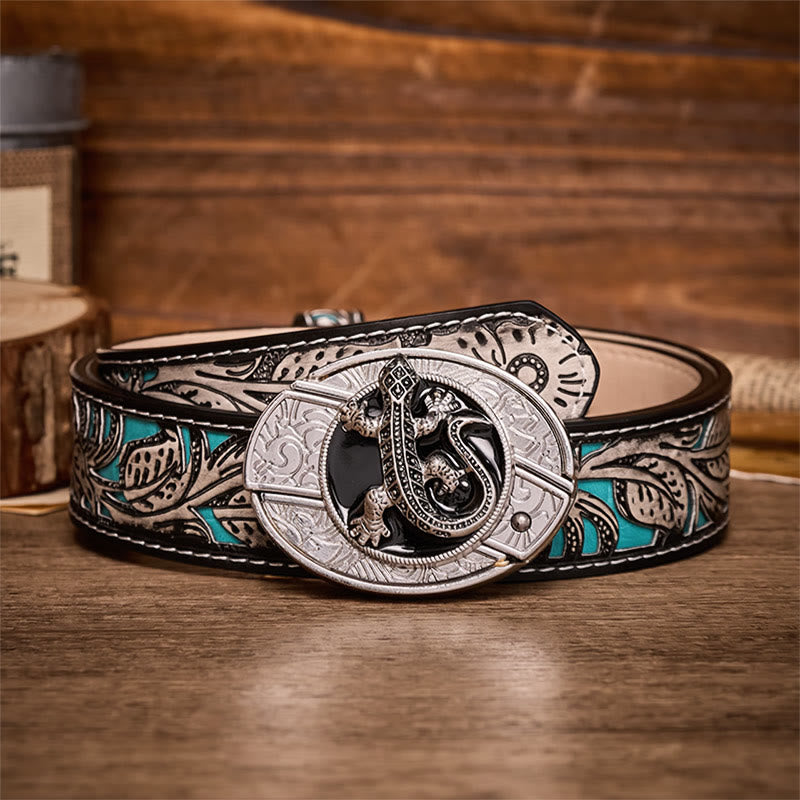 Ceinture en cuir avec boucle de couteau pliant caché Desert Lizard à faire soi-même - Lézard - Ceinture à fleurs grises - 42 - image 8