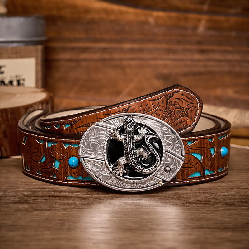 Ceinture en cuir avec boucle de couteau pliant caché Desert Lizard à faire soi-même - Lézard - Ceinture turquoise sculptée - 42 - image 3