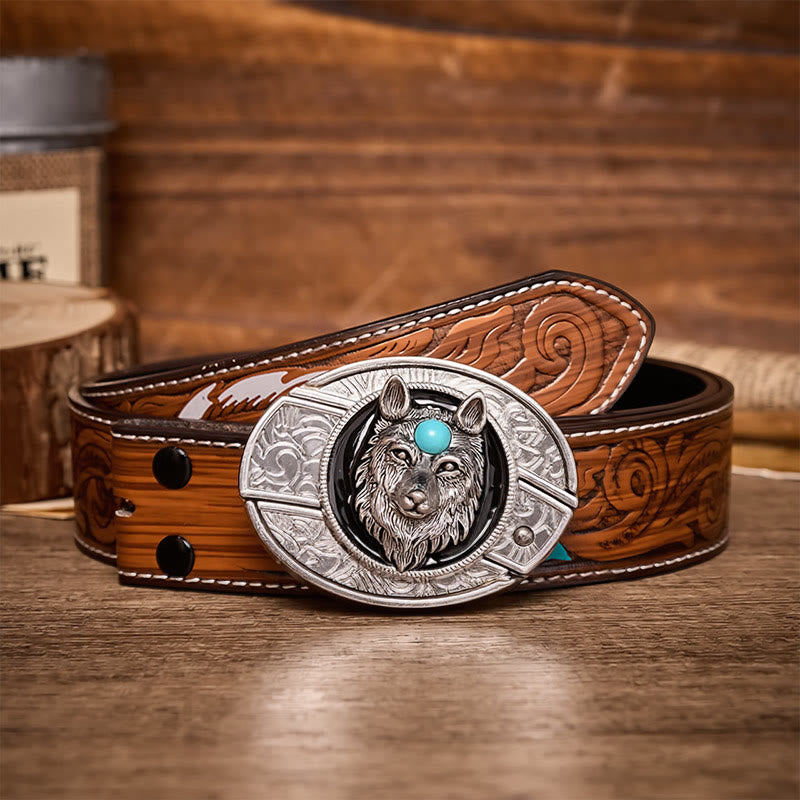 Ceinture en cuir avec boucle de couteau pliant caché Turquoise Wolf à faire soi-même - Loup - Ceinture de plumes brunes - 40 - image 7