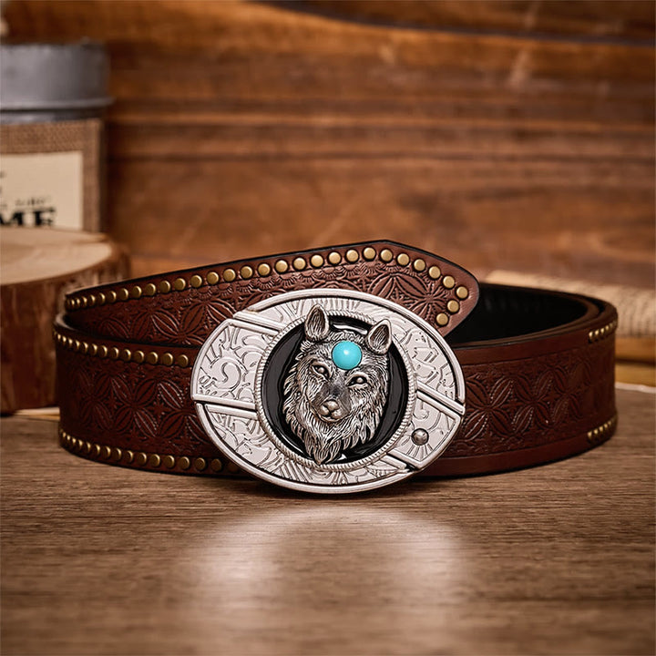 Ceinture en cuir avec boucle de couteau pliant caché Turquoise Wolf à faire soi-même - Loup - Ceinture à rivets marron - 42 - image 4