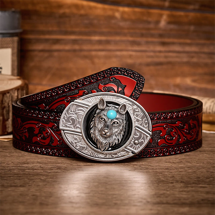 Ceinture en cuir avec boucle de couteau pliant caché Turquoise Wolf à faire soi-même - Loup - Ceinture sculptée marron - 42 - image 6
