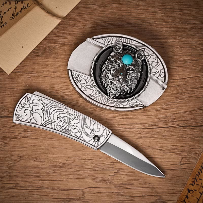 Ceinture en cuir avec boucle de couteau pliant caché Turquoise Wolf à faire soi-même - image 1