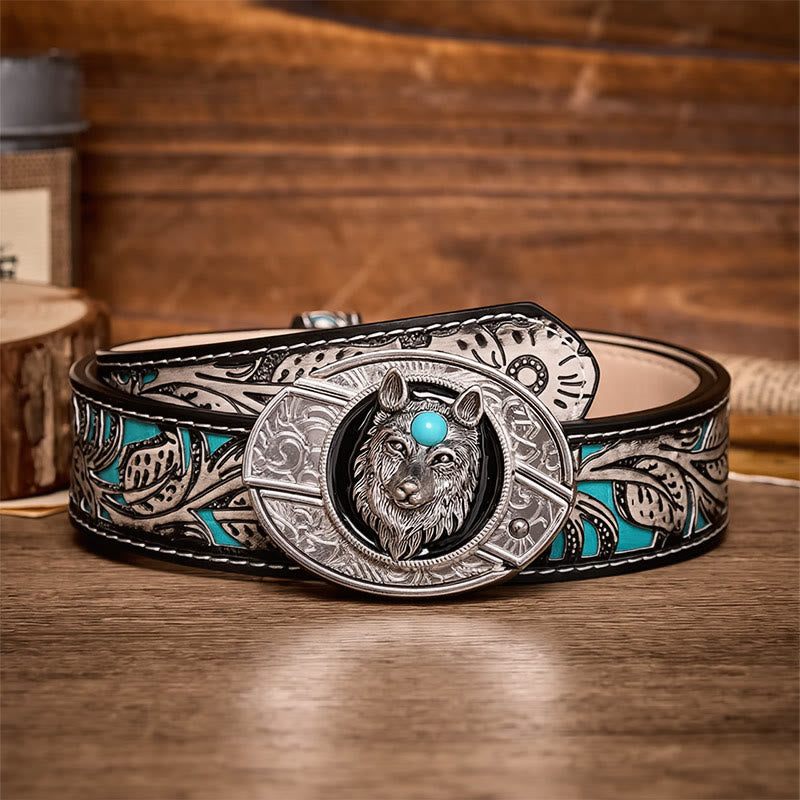 Ceinture en cuir avec boucle de couteau pliant caché Turquoise Wolf à faire soi-même - Loup - Ceinture à fleurs grises - 42 - image 8