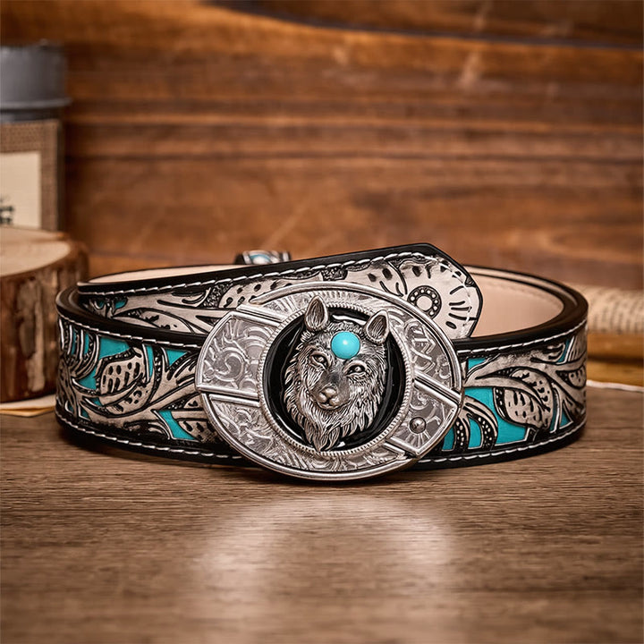 Ceinture en cuir avec boucle de couteau pliant caché Turquoise Wolf à faire soi-même - Loup - Ceinture à fleurs grises - 42 - image 8