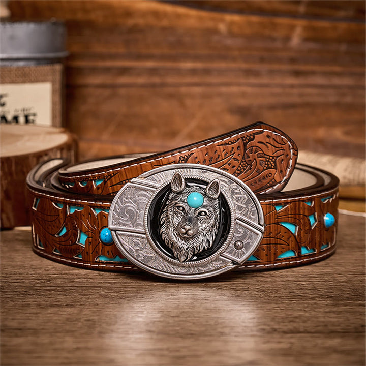 Ceinture en cuir avec boucle de couteau pliant caché Turquoise Wolf à faire soi-même - Loup - Ceinture turquoise sculptée - 42 - image 3