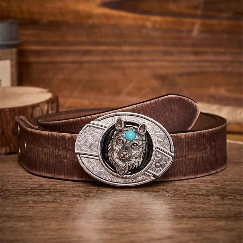 Ceinture en cuir avec boucle de couteau pliant caché Turquoise Wolf à faire soi-même - Loup - Ceinture marron vieillie - 42 - image 5