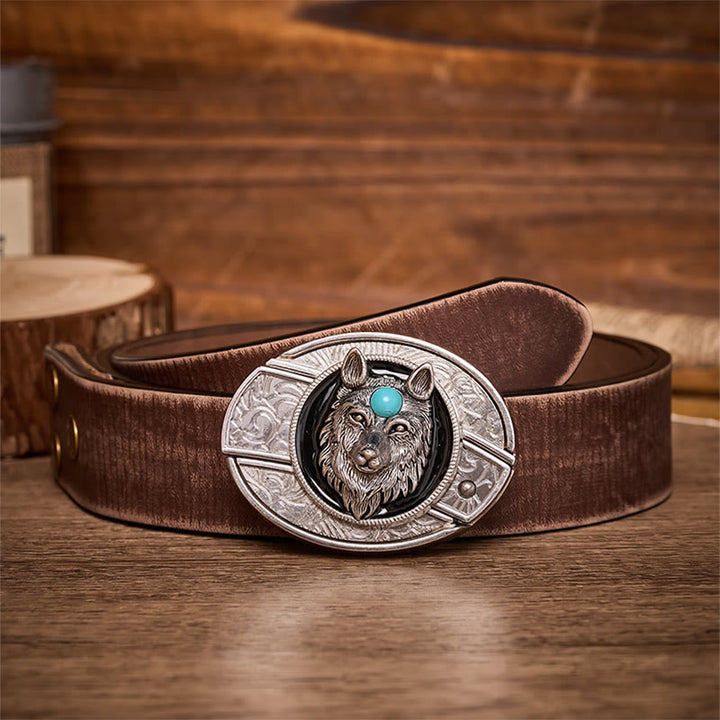 Ceinture en cuir avec boucle de couteau pliant caché Turquoise Wolf à faire soi-même - Loup - Ceinture marron vieillie - 42 - image 5