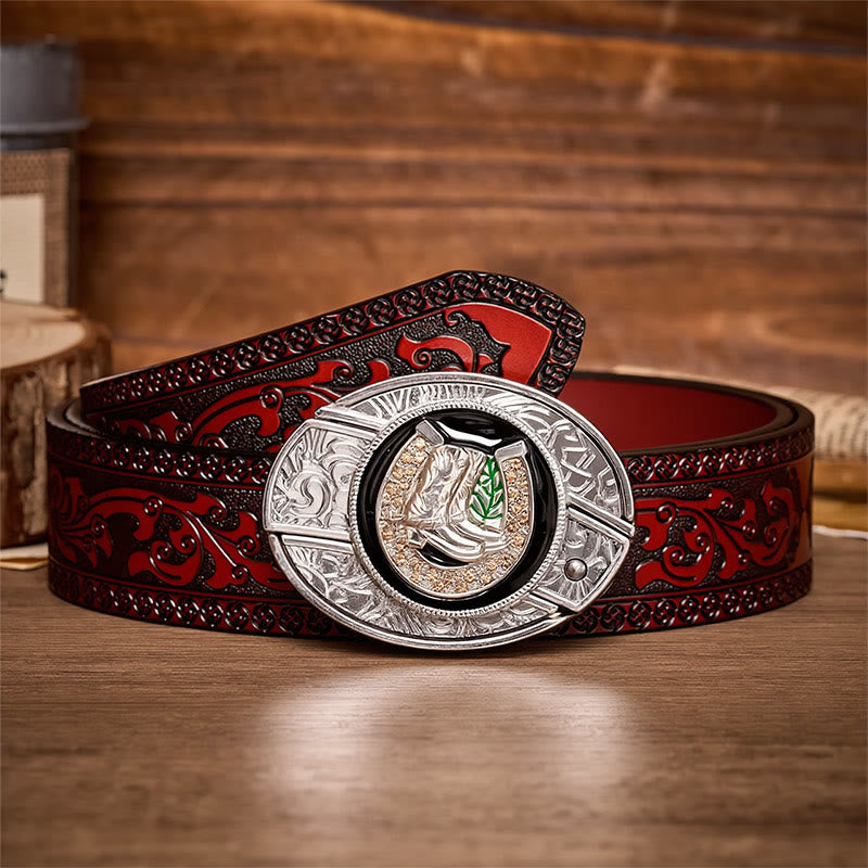 Ceinture en cuir avec boucle de couteau pliant dissimulé, style bottes et fer à cheval - Bottes et fers à cheval - Ceinture sculptée marron - 42 - image 6