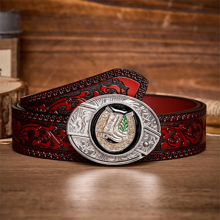 Ceinture en cuir avec boucle de couteau pliant dissimulé, style bottes et fer à cheval - Bottes et fers à cheval - Ceinture sculptée marron - 42 - image 6