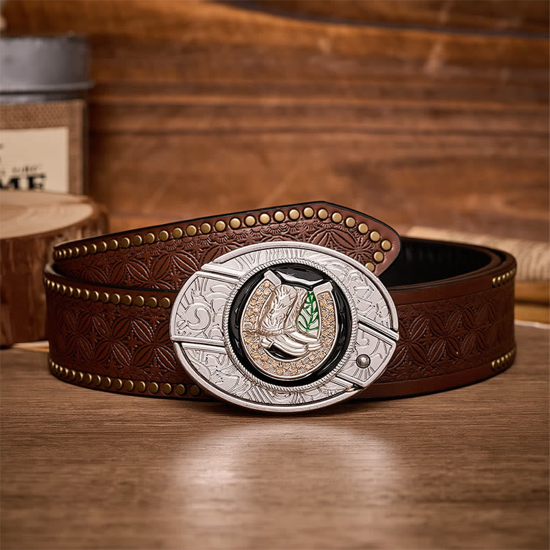 Ceinture en cuir avec boucle de couteau pliant dissimulé, style bottes et fer à cheval - Bottes et fers à cheval - Ceinture à rivets marron - 42 - image 4
