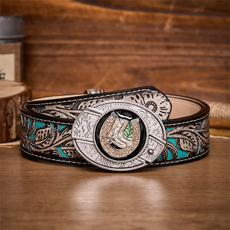 Ceinture en cuir avec boucle de couteau pliant dissimulé, style bottes et fer à cheval - Bottes et fers à cheval - Ceinture à fleurs grises - 42 - image 8