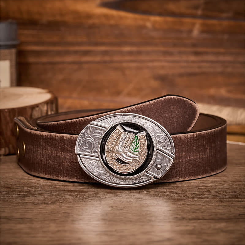 Ceinture en cuir avec boucle de couteau pliant dissimulé, style bottes et fer à cheval - Bottes et fers à cheval - Ceinture marron vieillie - 42 - image 5