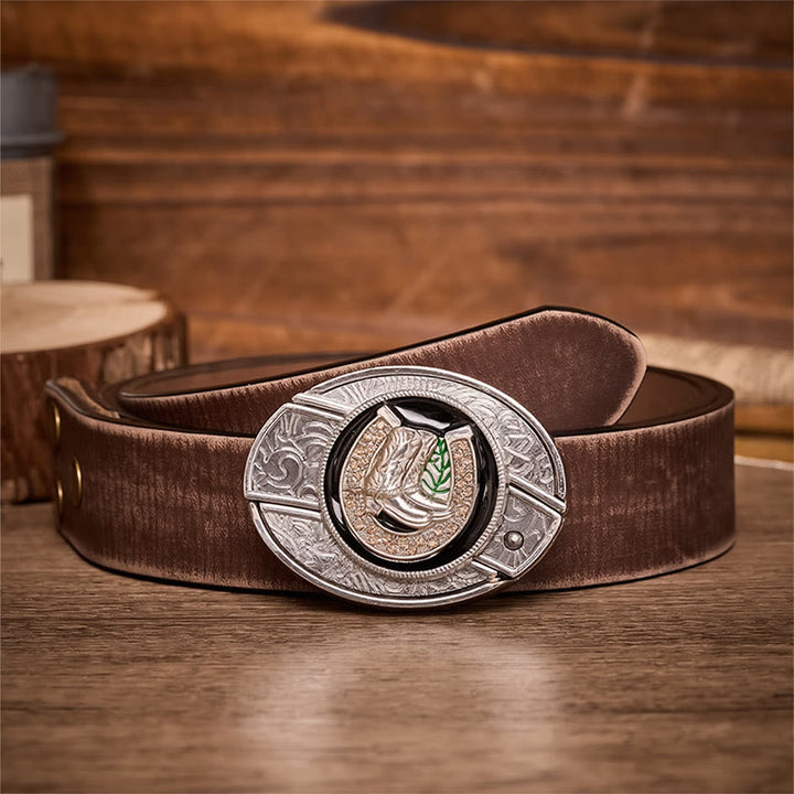 Ceinture en cuir avec boucle de couteau pliant dissimulé, style bottes et fer à cheval - Bottes et fers à cheval - Ceinture marron vieillie - 42 - image 5