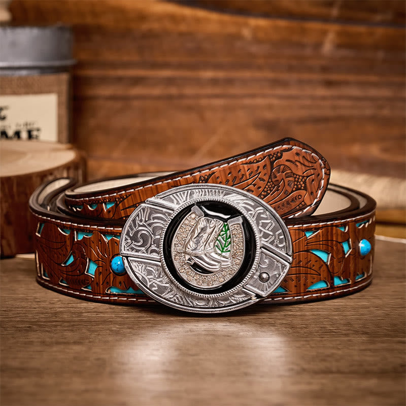 Ceinture en cuir avec boucle de couteau pliant dissimulé, style bottes et fer à cheval - Bottes et fers à cheval - Ceinture turquoise sculptée - 42 - image 3