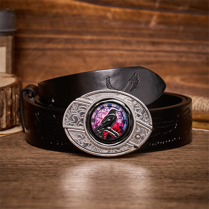 Ceinture en cuir avec boucle de couteau pliant caché Witchy Raven à faire soi-même - Corbeau - Ceinture noire à motif aigle en relief - 42 - image 2