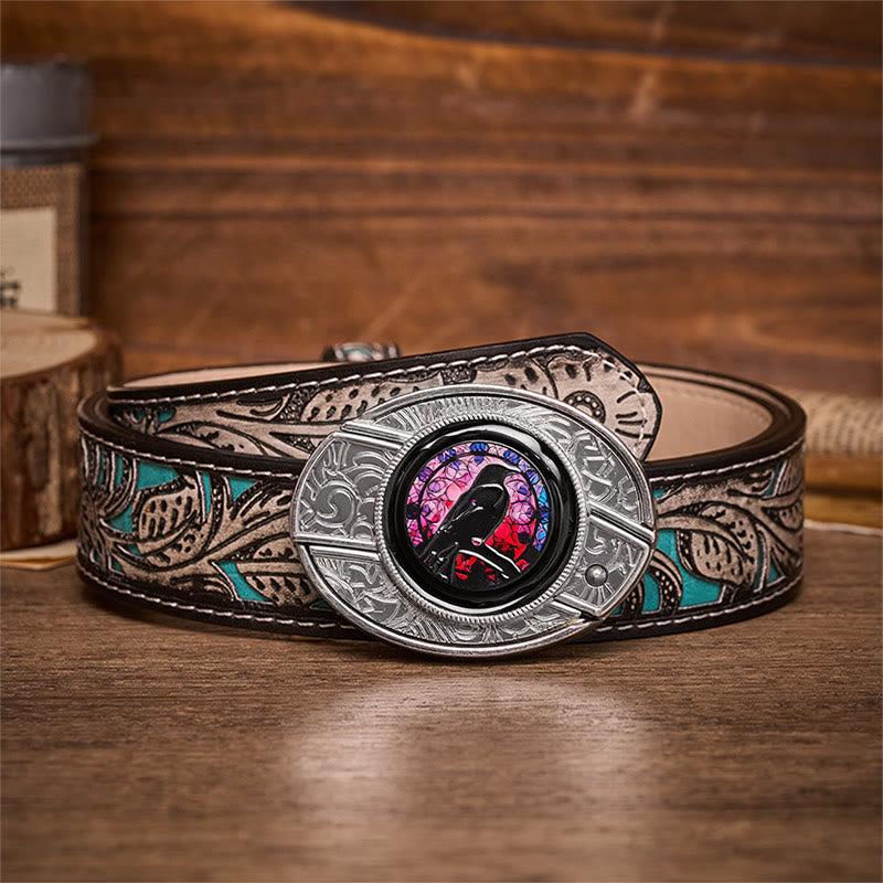 Ceinture en cuir avec boucle de couteau pliant caché Witchy Raven à faire soi-même - Corbeau - Ceinture à fleurs grises - 42 - image 8