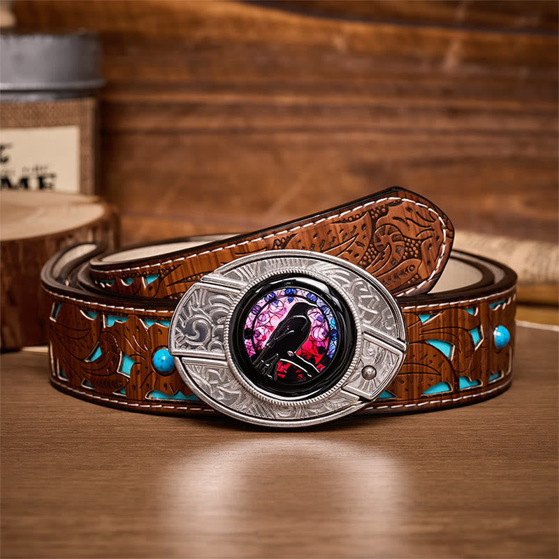 Ceinture en cuir avec boucle de couteau pliant caché Witchy Raven à faire soi-même - Corbeau - Ceinture turquoise sculptée - 42 - image 3
