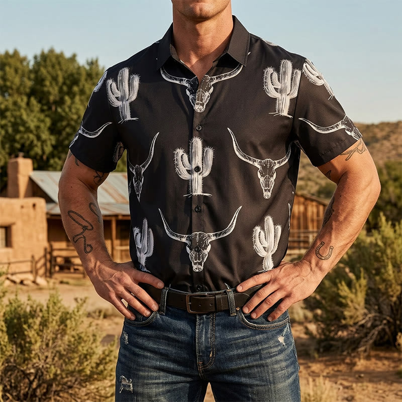 T-shirt graphique audacieux style western avec cactus et longhorn - Noir - 5XL - image 0