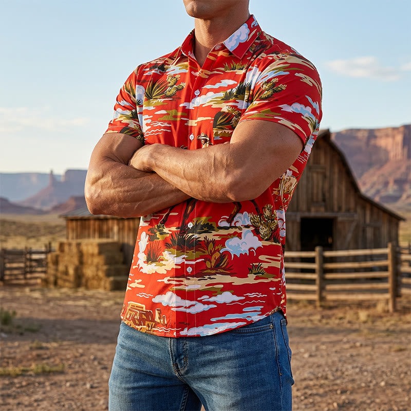 T-shirt rouge imprimé cowboy du désert de l'Ouest et cactus - Rouge - 6XL - image 0