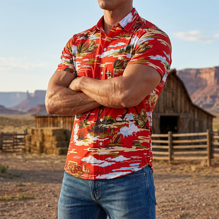 T-shirt rouge imprimé cowboy du désert de l'Ouest et cactus - Rouge - 6XL - image 0