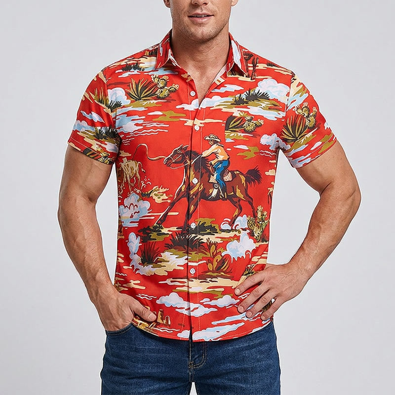 T-shirt rouge imprimé cowboy du désert de l'Ouest et cactus - image 1