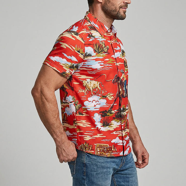 T-shirt rouge imprimé cowboy du désert de l'Ouest et cactus - image 3