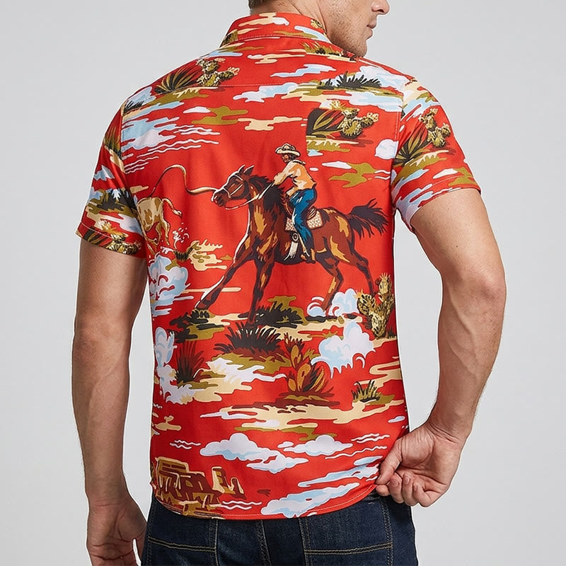 T-shirt rouge imprimé cowboy du désert de l'Ouest et cactus - image 2