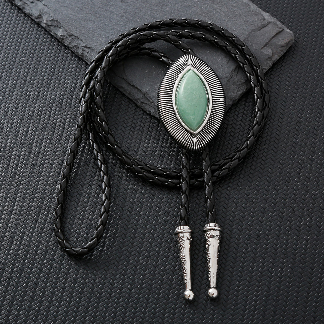 Cravate bolo vintage antique à bordure torsadée ovale en pierre œil-de-chat - Vert jade clair - image 2