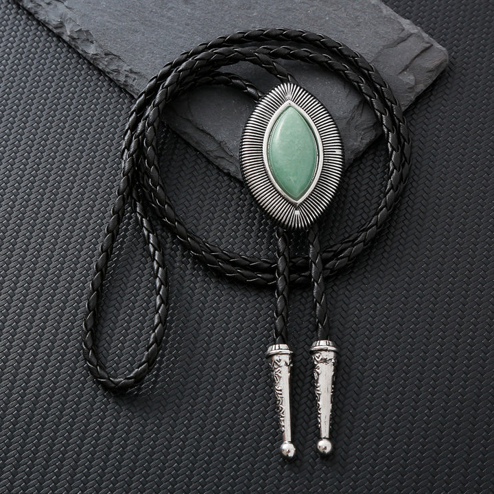 Cravate bolo vintage antique à bordure torsadée ovale en pierre œil-de-chat - Vert jade clair - image 2