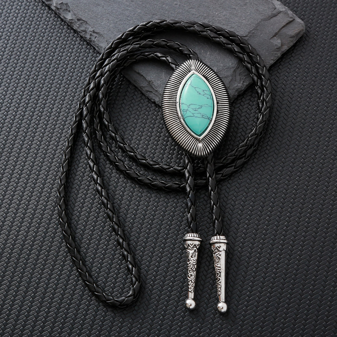 Cravate bolo vintage antique à bordure torsadée ovale en pierre œil-de-chat - Turquoise - image 3