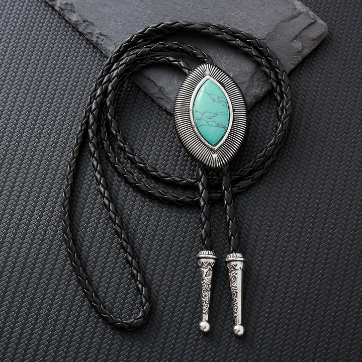 Cravate bolo vintage antique à bordure torsadée ovale en pierre œil-de-chat - Turquoise - image 3
