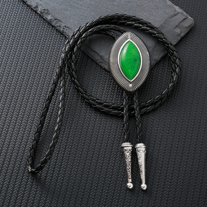 Cravate bolo vintage antique à bordure torsadée ovale en pierre œil-de-chat - Vert Jade Émeraude - image 8