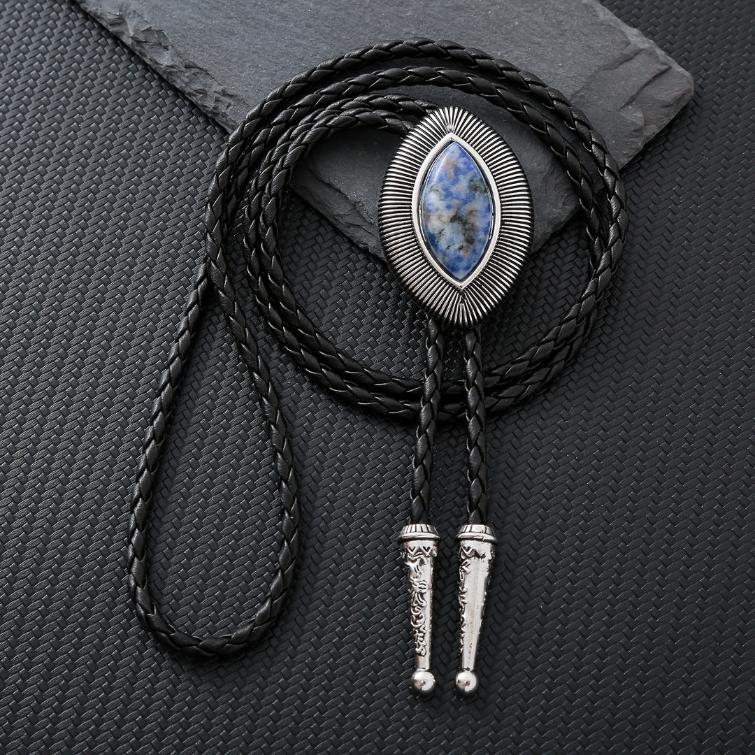 Cravate bolo vintage antique à bordure torsadée ovale en pierre œil-de-chat - Sodalite bleue - image 6