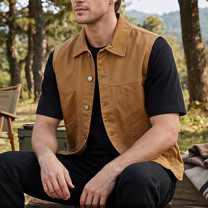 Gilet en jean délavé à double poches, style vintage américain décontracté, pour homme - Jaune - 4XL - image 0