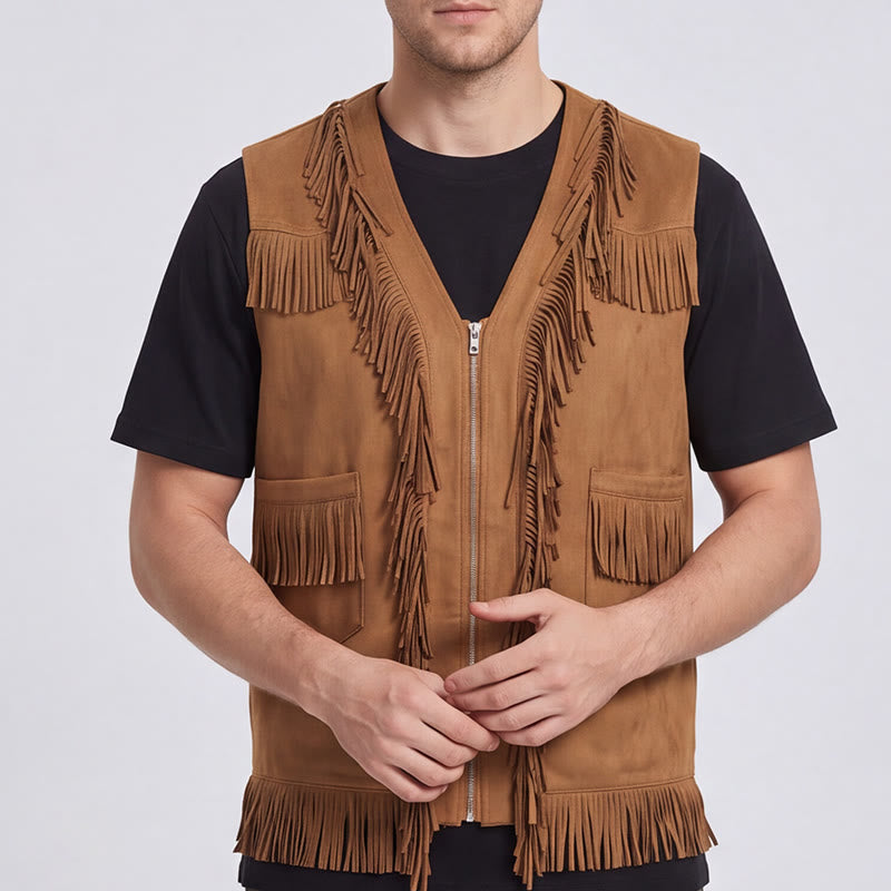 Gilet en daim à franges style western hippie pour homme - image 1