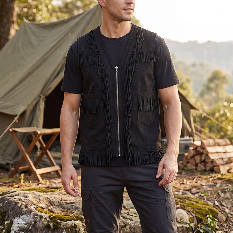 Gilet en daim à franges style western hippie pour homme - Noir - 2XL - image 4