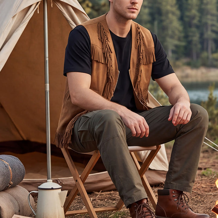 Gilet en daim à franges style western hippie pour homme - Brun - 2XL - image 0